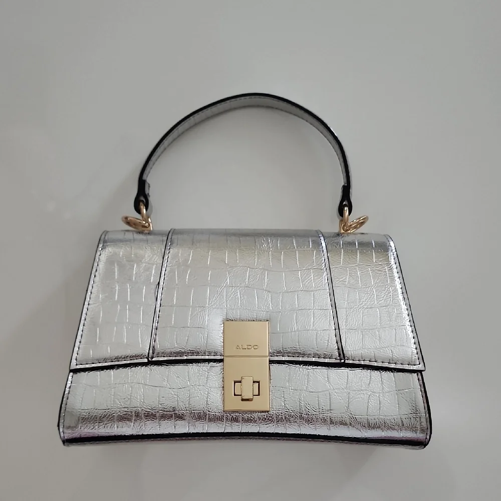 Aldo Rotoua Silver Gold Two Tone Metallic Top Handle Crossbody Mini Handbag - Picture 1 of 14
